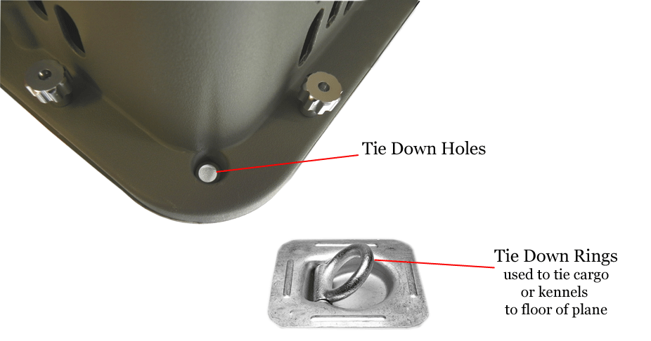 Tie down holes on all 4 sides of airline kennels for securing to the floor of airplane